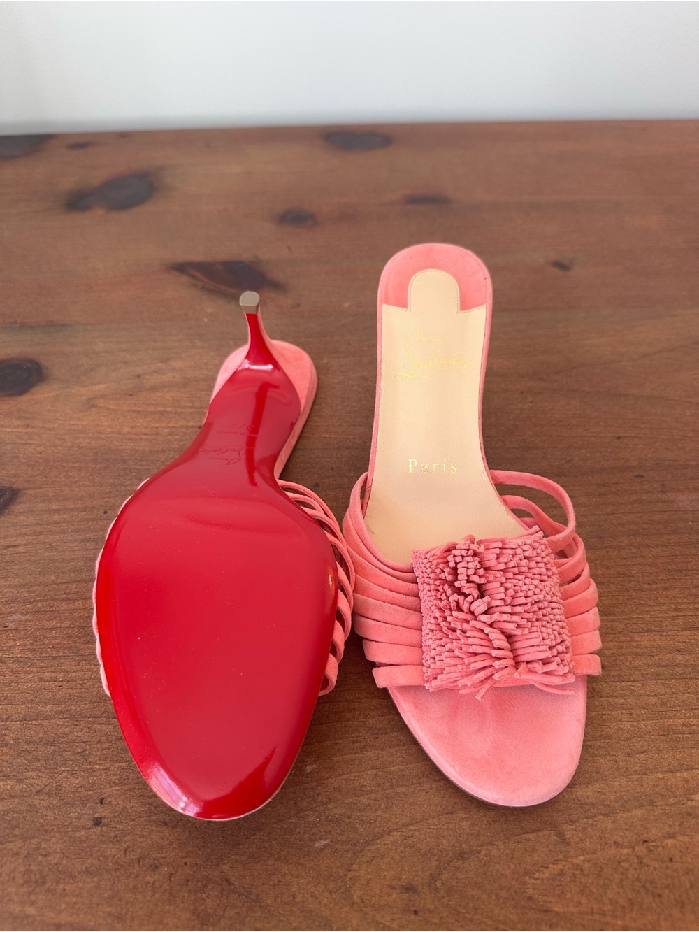 CHRISTIAN LOUBOUTIN Coral Pink Suede Strappy Belbrossa Heels